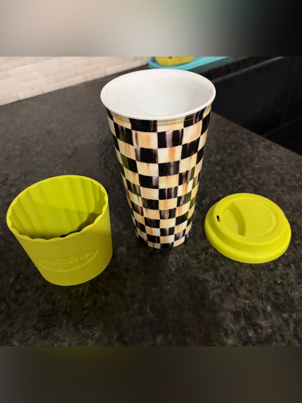 MacKenzie-Childs Black, Cream & Lime Checkered Ceramic Tumbler